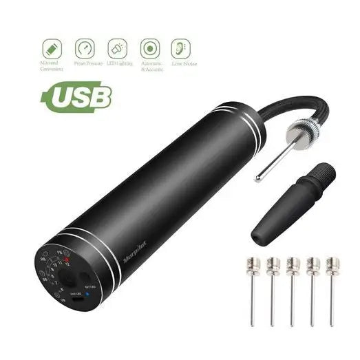 Elektrisk håndholdt pumpekompressor, skråvisning med synlig display, knapper og tilbehør som nåler og dyser.