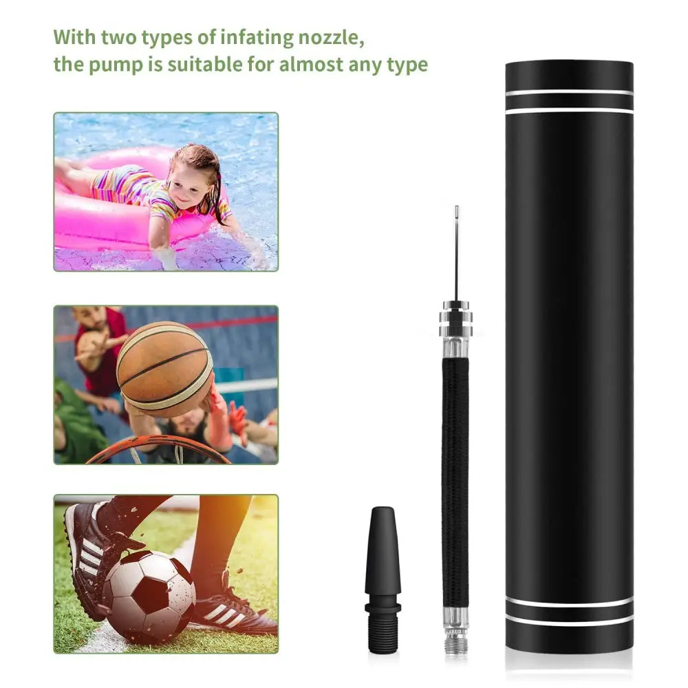 Elektrisk håndholdt pumpekompressor, sidevisning med to munnstykker og bruk til bildekk, basketball og badeleke.