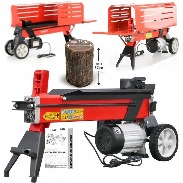 Elektrisk vedkløyver i rød og svart metall, sidevisning med store plasthjul og markert kubbestørrelse.
