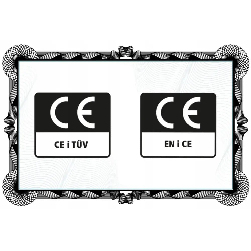 To CE-merkede etiketter for Elektrisk Hydraulisk Vedkløyver, detaljert visning av sertifiseringssymboler.