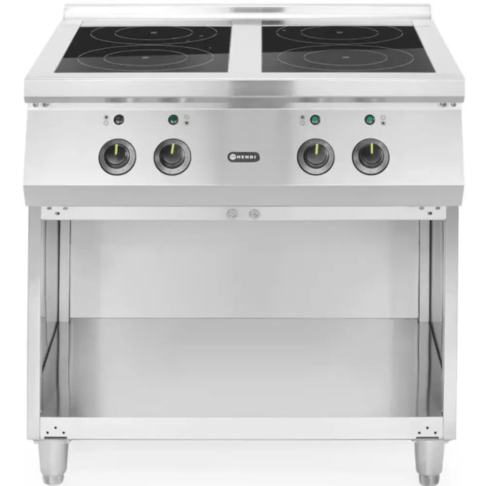 Elektrisk induksjonstopp med fire kokeplater, fire brytere og åpen hylle under, frontvisning.