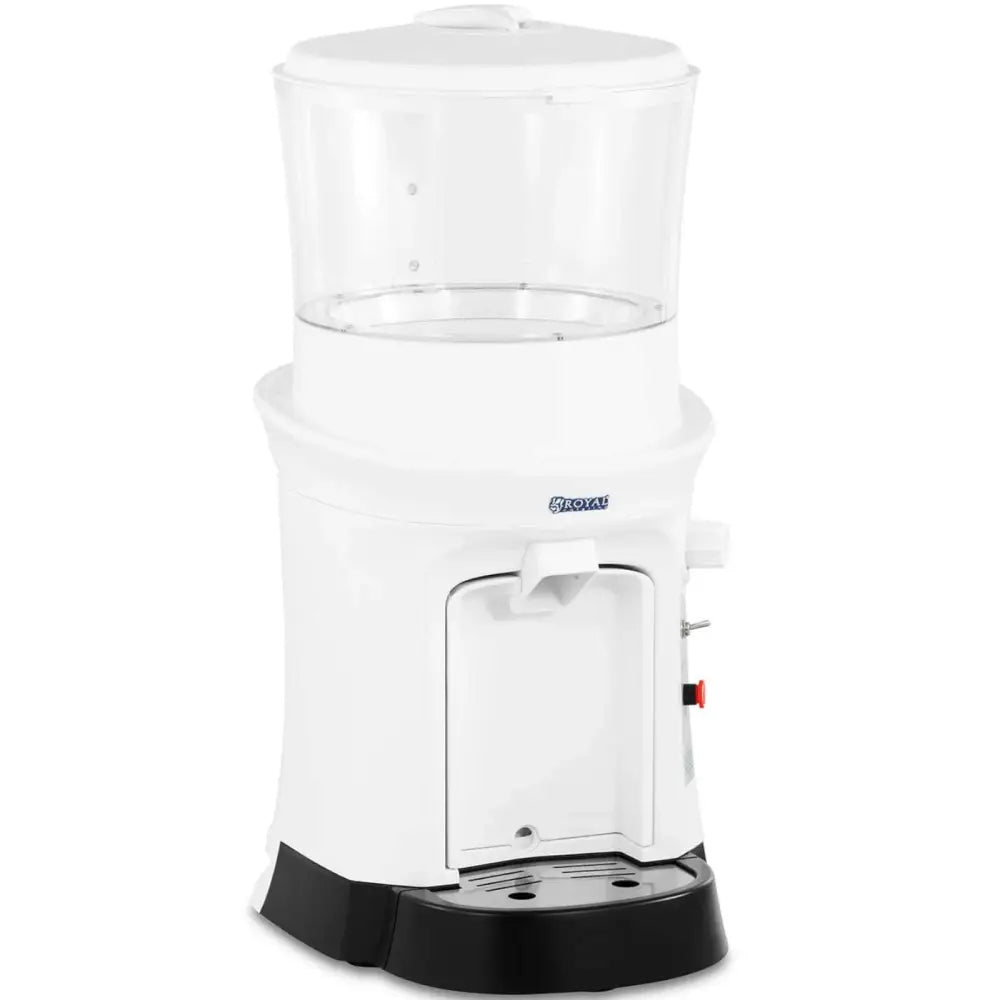 Elektrisk isknuser 12L, frontvisning med gjennomsiktig beholder, sort base og panel med knapper til høyre.