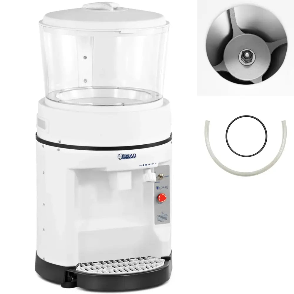 Elektrisk isknuser med 8 liters transparent beholder, synlig knivblad og to løse tetningsringer foran maskinen.