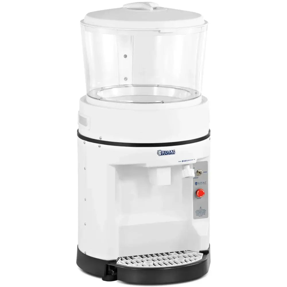 Elektrisk isknuser med hvit kropp, gjennomsiktig beholder, rød knapp og dryppbrett sett forfra.