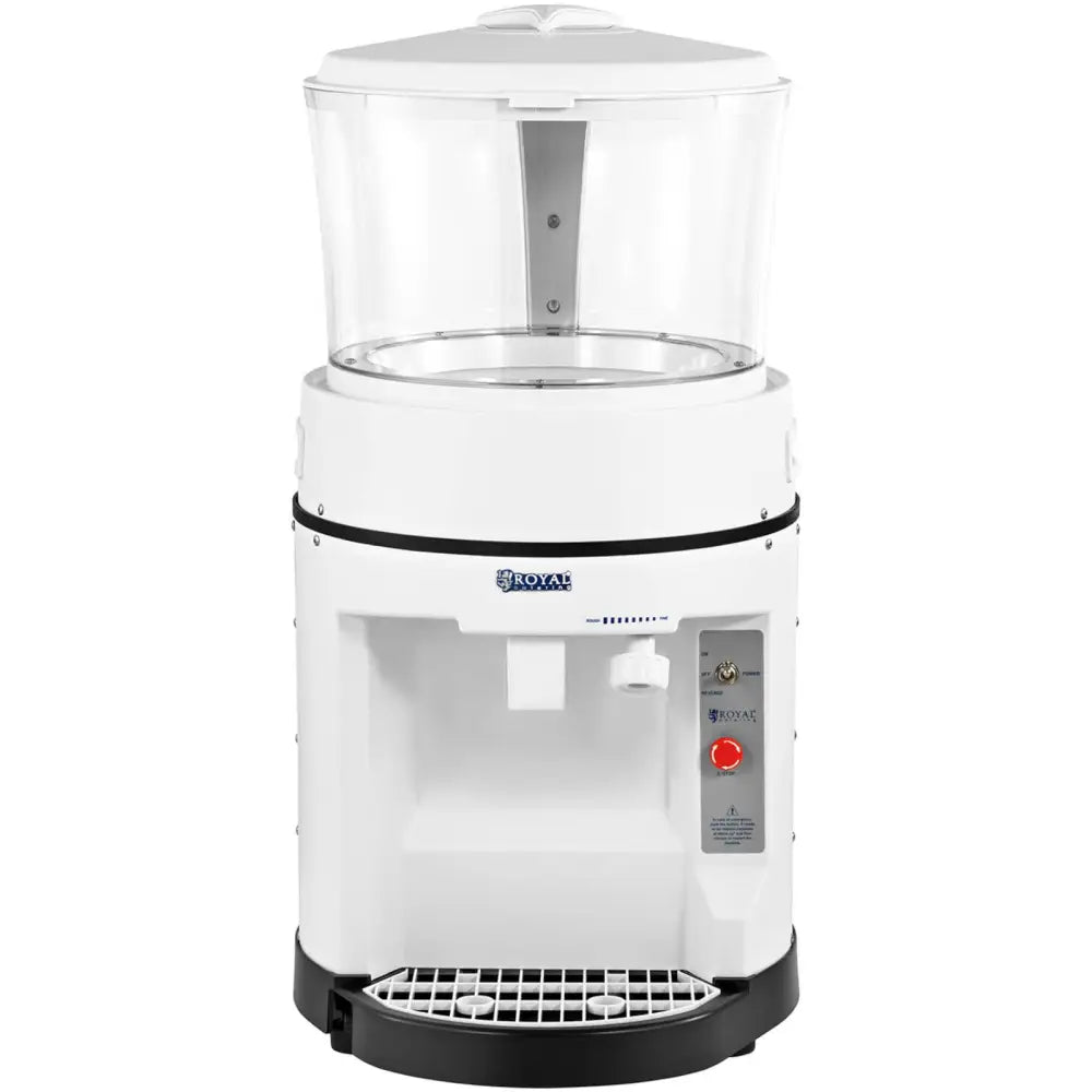 Elektrisk isknuser med 8 liters gjennomsiktig beholder, tappemekanisme, dryppebrett og kontrollpanel med rød knapp.