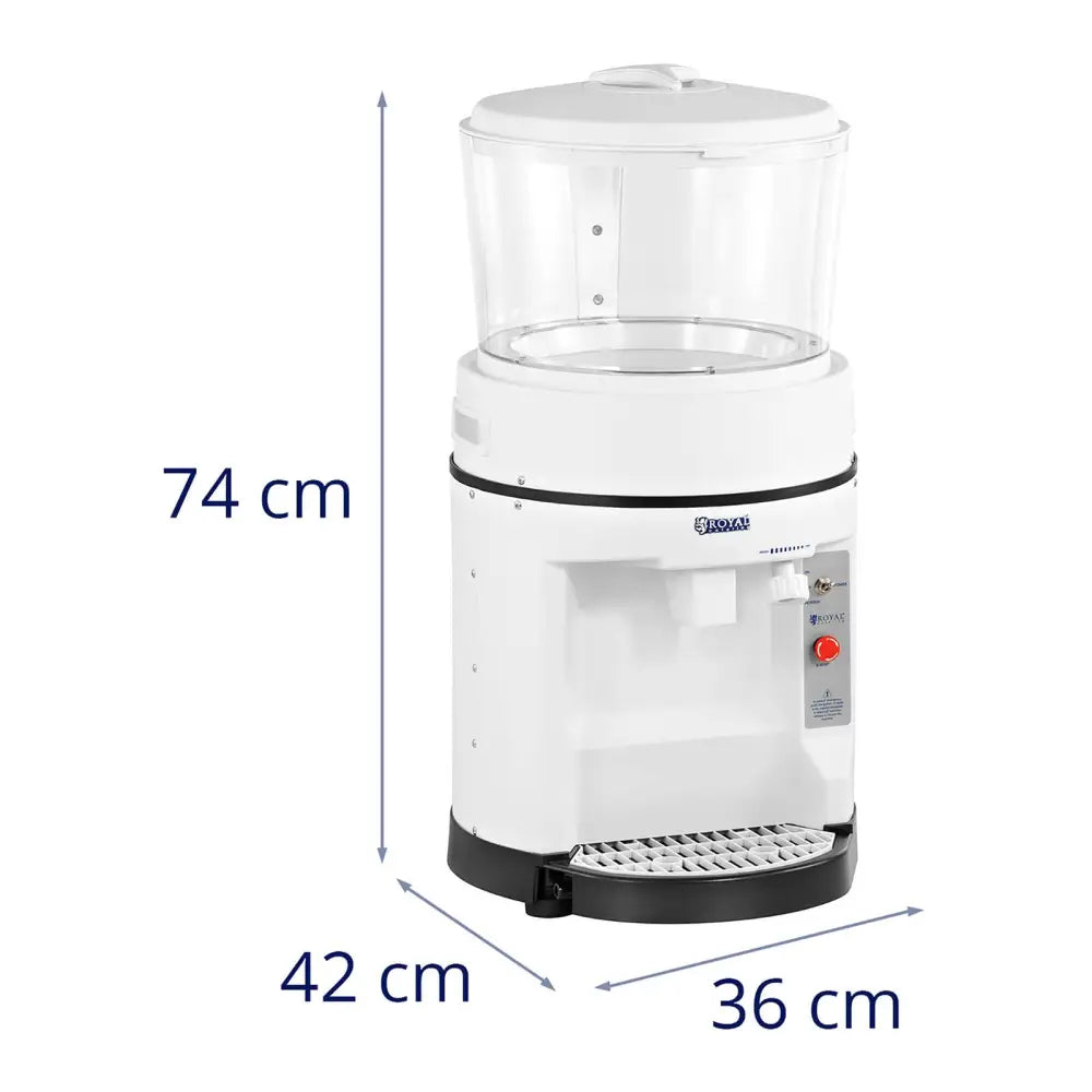 Elektrisk isknuser med hvit plastkropp, gjennomsiktig lokk og synlige mål, frontvisning på kjøkkenbenk.