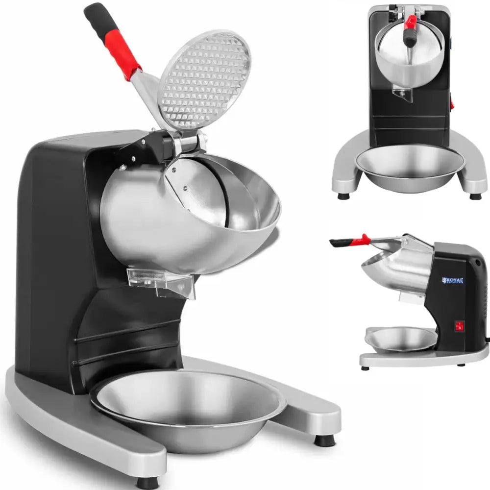 Elektrisk isknuser i metall med sort base, rød detalj på håndtak og stor bolle under knusemekanismen.