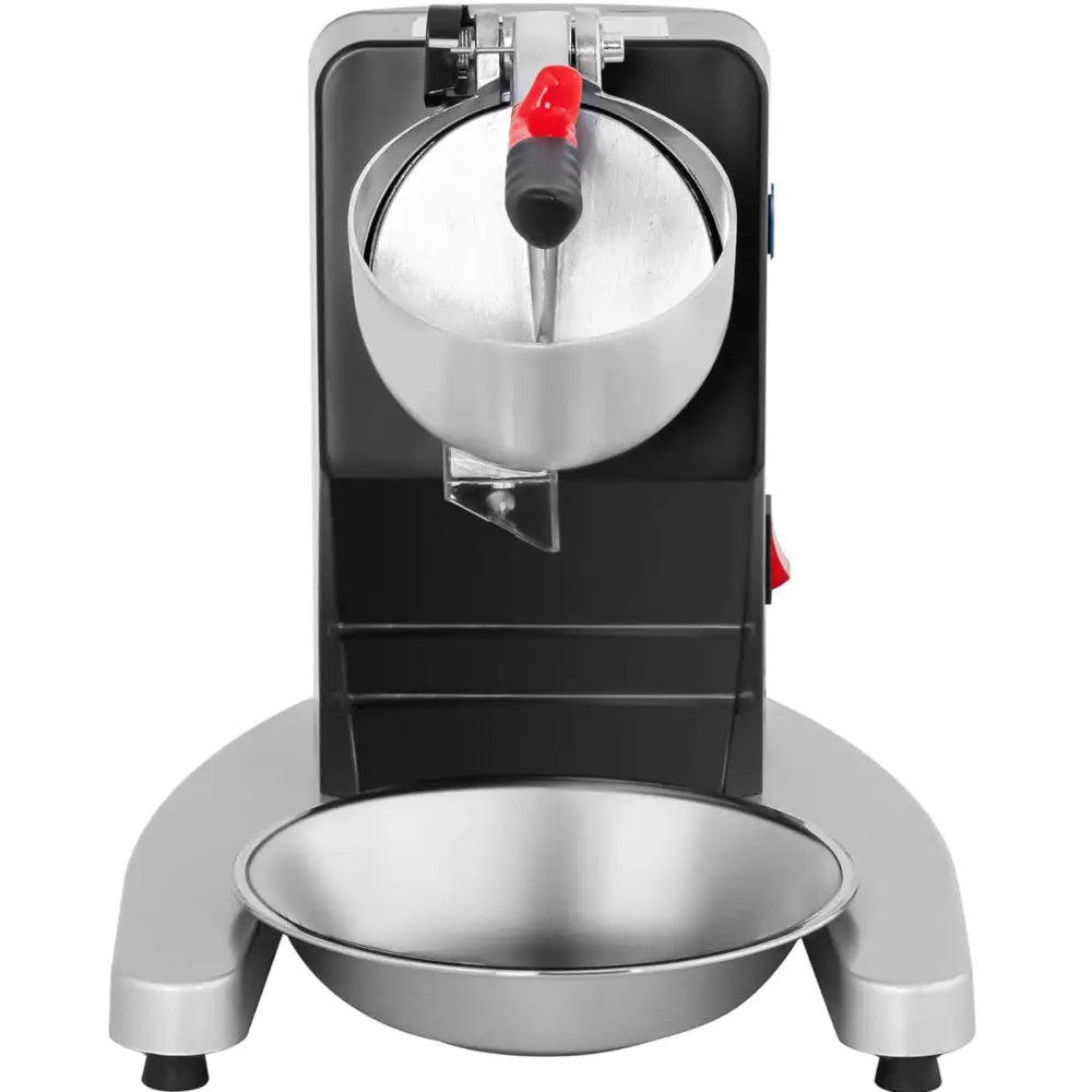 Elektrisk iskvern i børstet stål og svart plast, frontbilde med tydelig håndtak og stor bolle under.