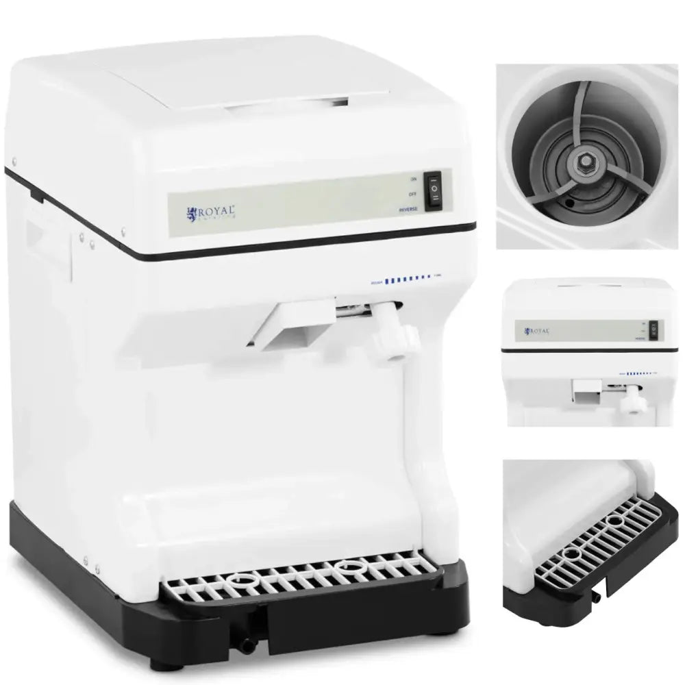 Elektrisk iskvern 1,5 l, hvit med sort base, skrå forside, småbilder viser rotor og avtagbart dryppbrett.