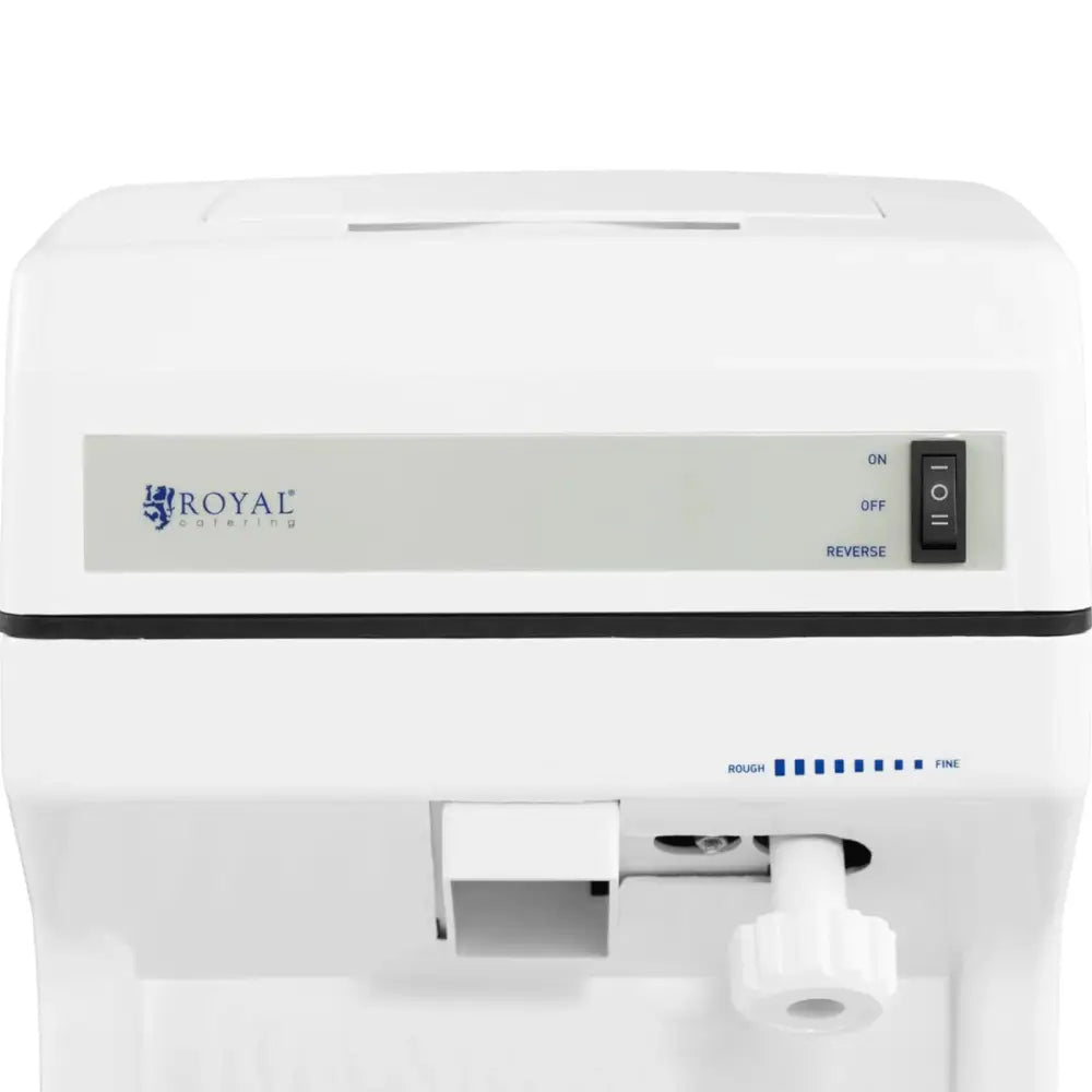 Elektrisk iskvern, frontvisning med kontrollpanel, av/på-bryter og justering fra grovt til fint resultat.