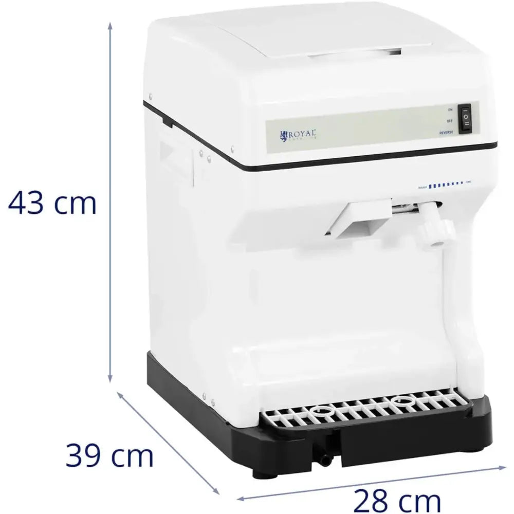 Elektrisk iskvern, hvit med sorte detaljer, skrå frontvisning hvor dimensjonene 43x39x28 cm er synlige.