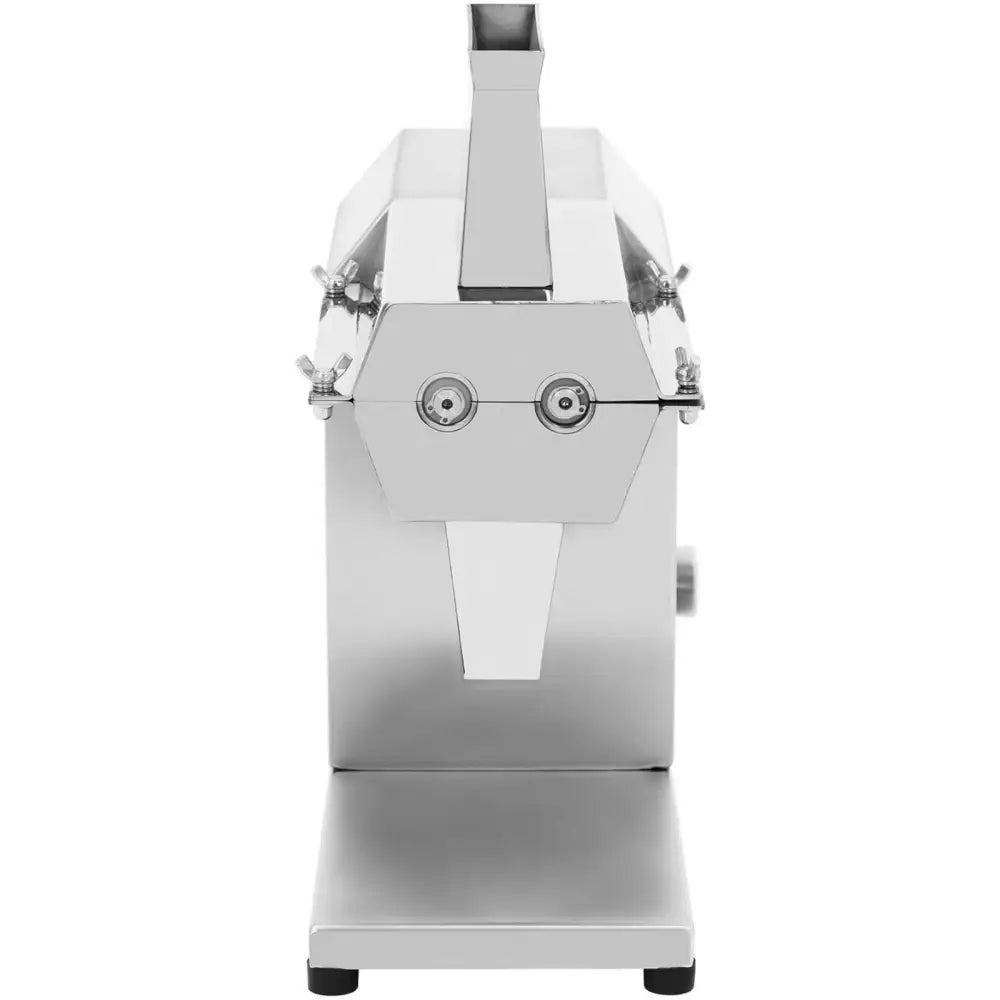 Elektrisk kjøttdeig maskin i rustfritt stål, frontvisning med trakt og doble åpninger, profesjonell utførelse.