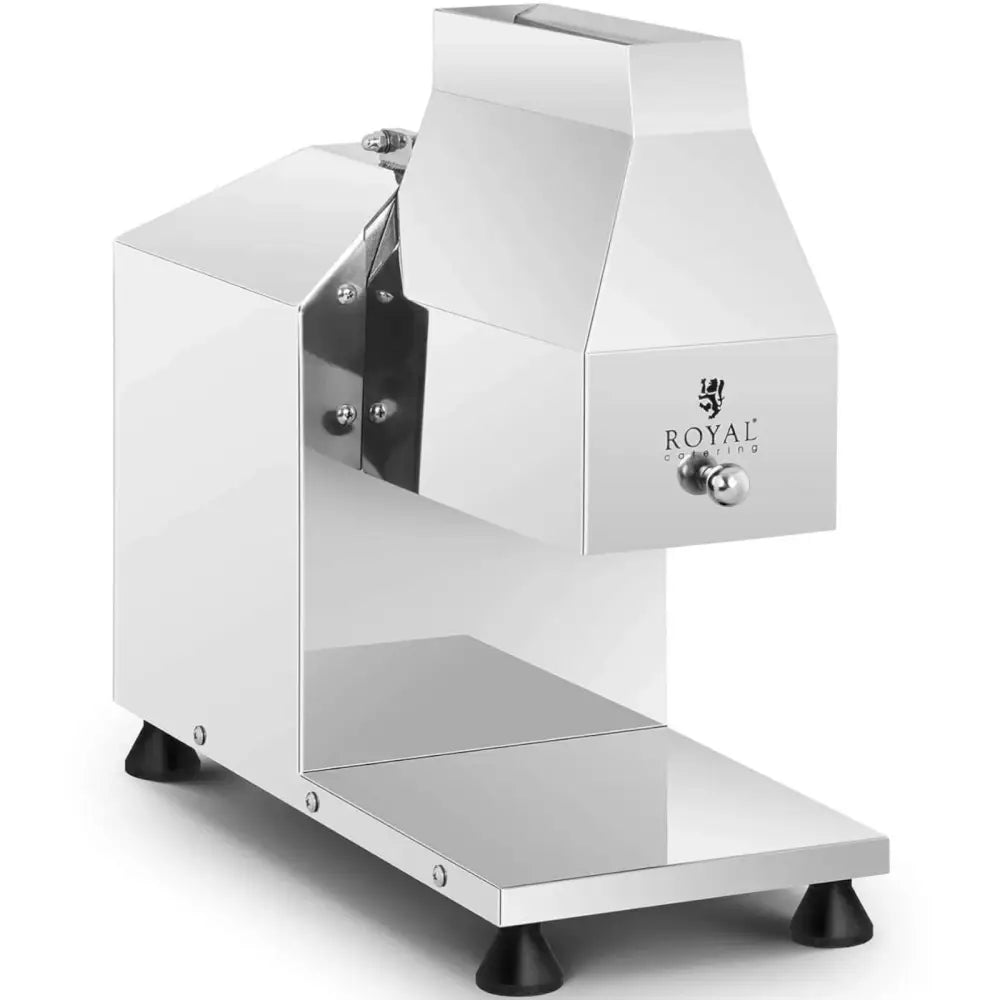 Elektrisk kjøttkvern Steaker, skrå frontvisning med synlig knapp, logo og blankt ståldeksel.