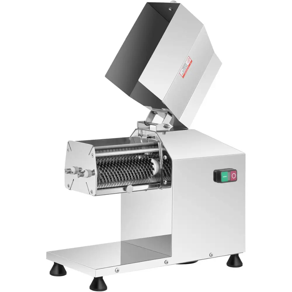 Elektrisk kjøttkvern for mørning, rustfritt stål, åpent lokk med synlige skjærevalser og fargede brytere.