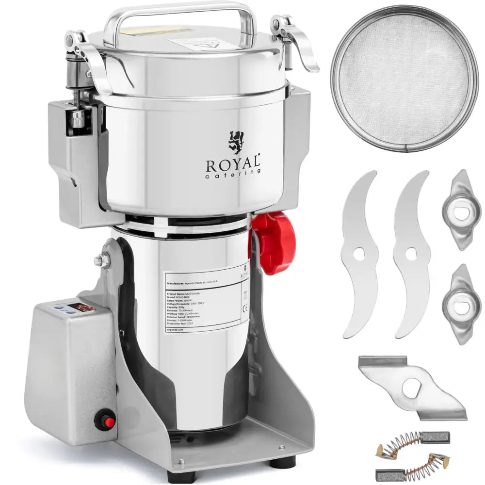 Elektrisk krydder- og nøttekvern i rustfritt stål, frontvisning med utskiftbare blader, sil og rød bryter.