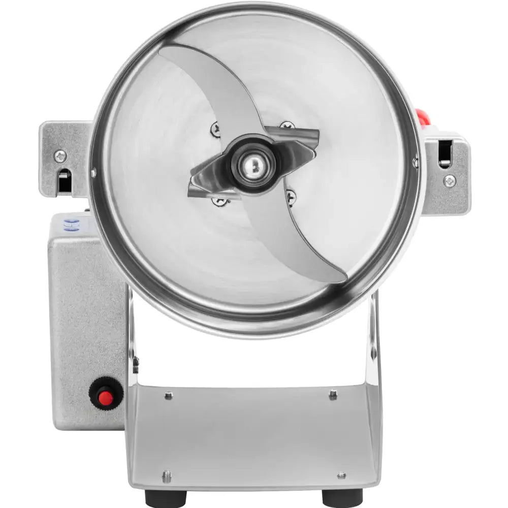 Elektrisk krydder- og nøttekvern i rustfritt stål, frontvisning med doble knivblader og synlig sideknapp.