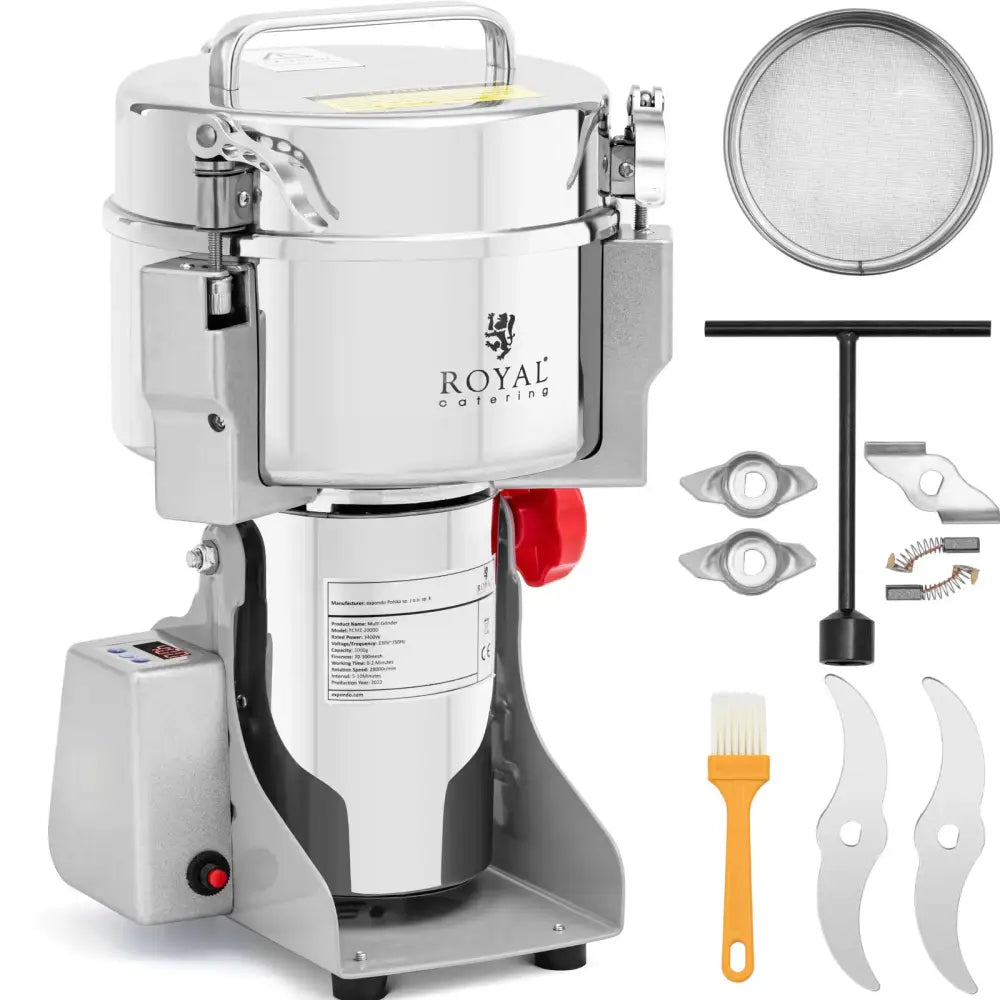 Elektrisk krydderurter og nøtter kvern i rustfritt stål, skrå vinkel med håndtak og alt tilbehør synlig.