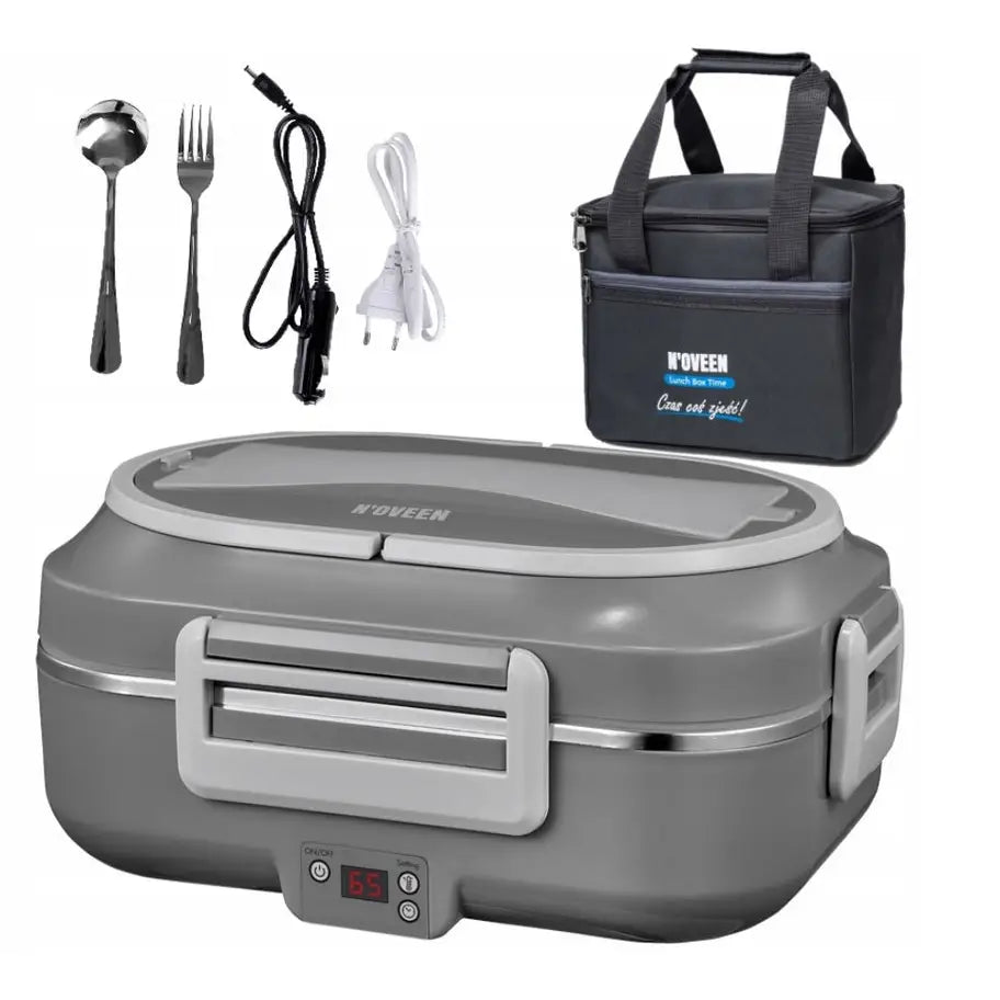 Elektrisk lunchboks LB640, grå med digitalt display, bestikk, strømledninger og svart termobag med glidelås.