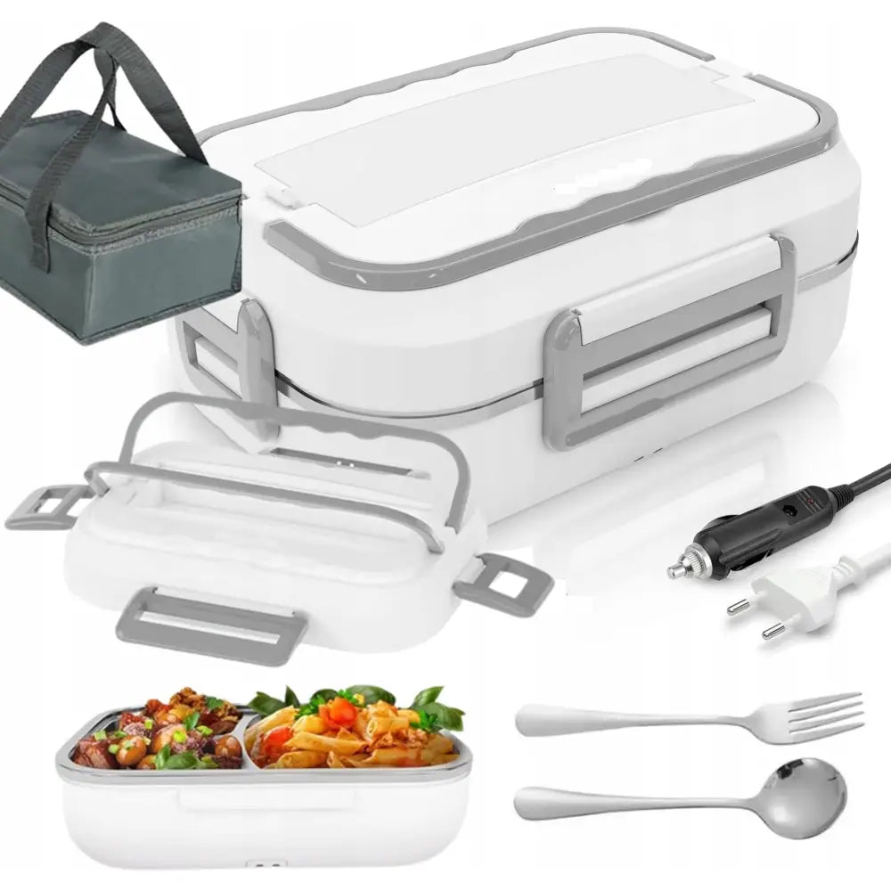 Elektrisk lunchboks termos matvarmer med flere rom, grått håndtak, bestikk, strømkabel og isolert veske.