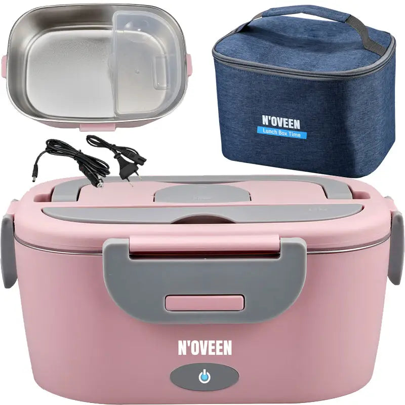 Elektrisk lunchboks i rosa og grått, vist med blå oppbevaringsbag, stålinndeling og medfølgende ledninger.