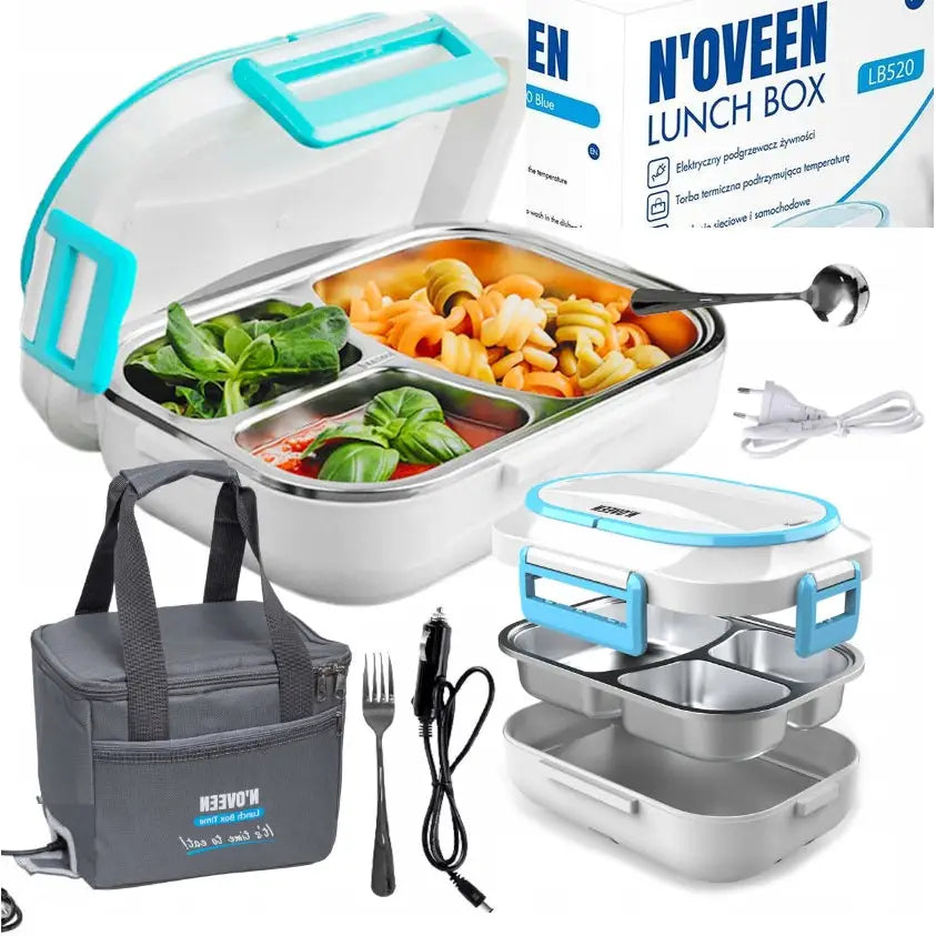 Elektrisk lunsjboks med blå detaljer, tre rom i stål, termobag, bestikk, kabel og original eske.