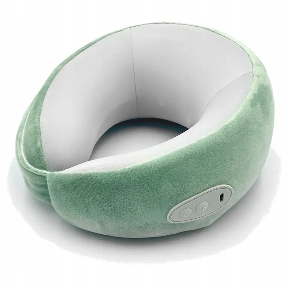 Elektrisk massasjevarmepute for nakken i lysegrønt fløyelsstoff, viser integrerte knapper og USB-ladeport.
