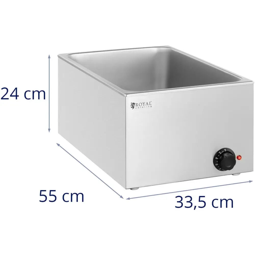 Elektrisk matbeholderoppvarmer GN 1/1 i rustfritt stål, skrå vinkel med bryter og indikatorlampe på fronten.