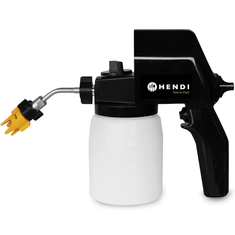 Elektrisk matfordamper fra Hendi, sidevisning med gul dyse, sort håndtak og matt hvit beholder.