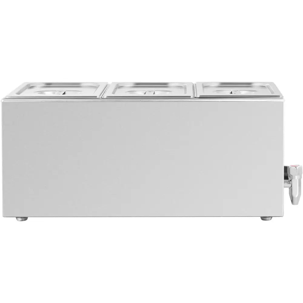 Elektrisk matvarmebeholder med kran, sidevisning med tre lokk og metallhåndtak til høyre.