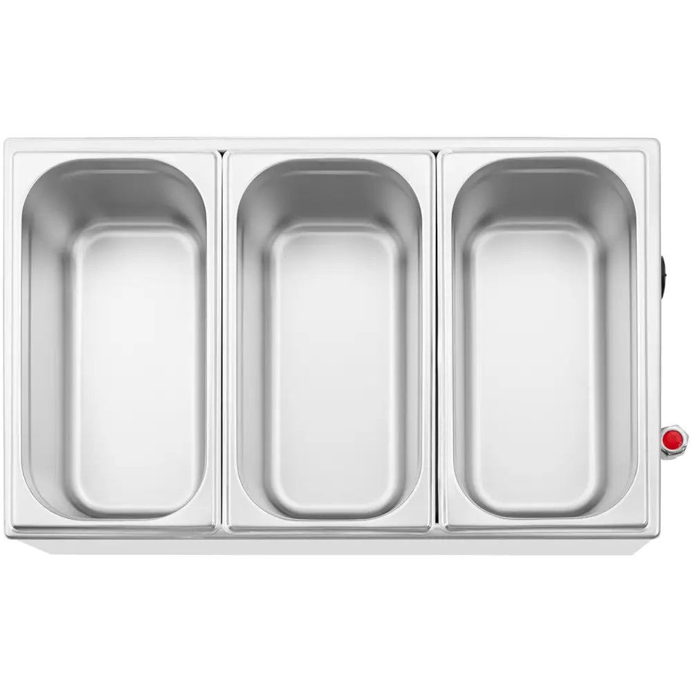 Elektrisk matvarmebeholder med kran, tre GN 1/3 beholdere i blankt rustfritt stål, sett ovenfra.