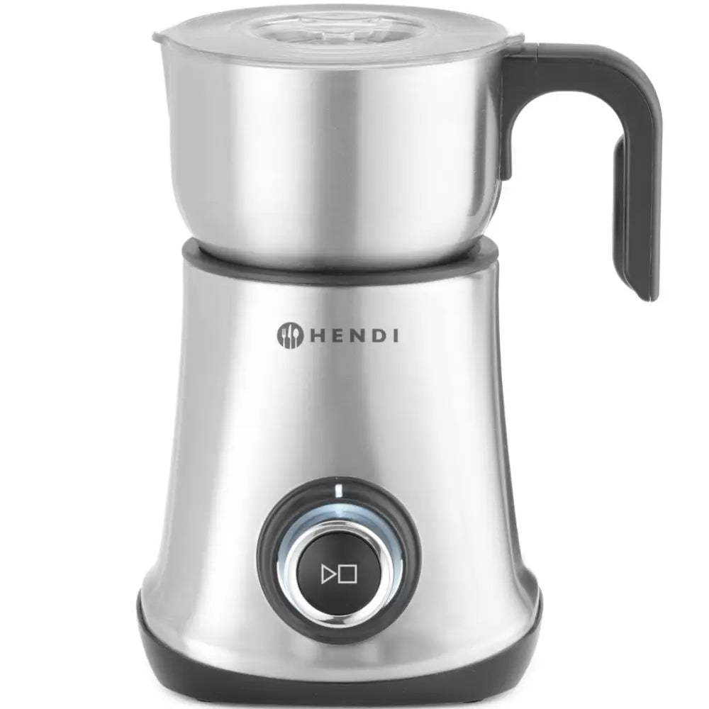 Elektrisk melkeskummer i børstet stål, frontvisning med sort plasthåndtak, lysring og gjennomsiktig lokk.