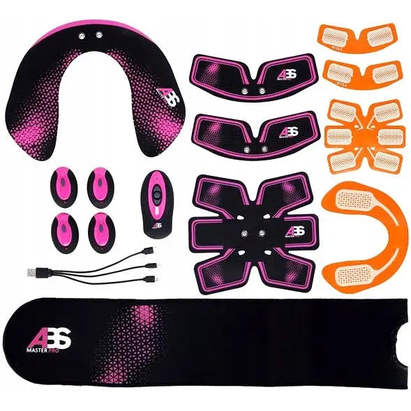 Muskelstimulator vibrerende magebelte EMS med svarte og rosa elektrodepads, oransje gelputer og USB-lader på hvit bakgrunn.