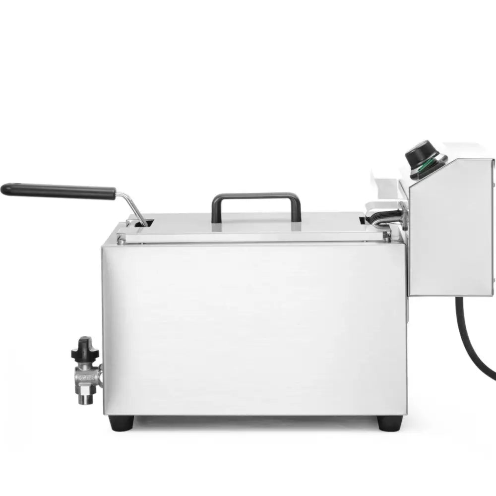 Elektrisk nivåstyrt fritøse fra Hendi, sidevisning med svart håndtak, synlig termostat og tappekran foran.