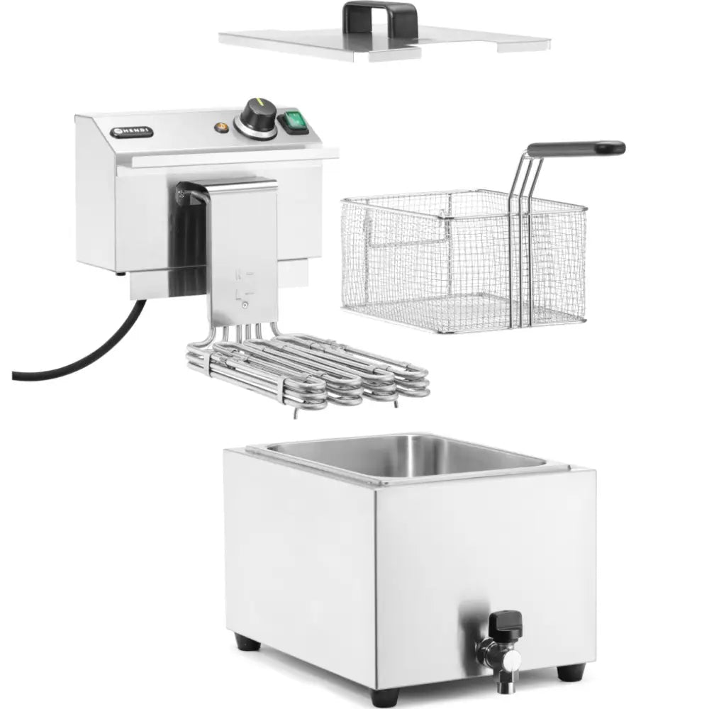 Elektrisk nivåstyrt fritøse, demontert med lokk, kurv, varmeelement og tappekran, alt i rustfritt stål.