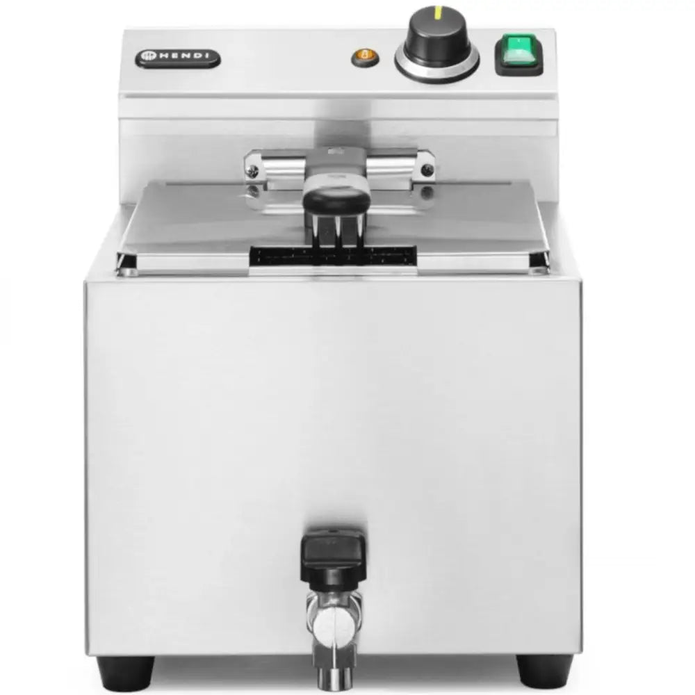 Elektrisk nivåstyrt fritøse, frontbilde med lokk, tappekran, kontrollpanel og synlig temperaturinnstilling.