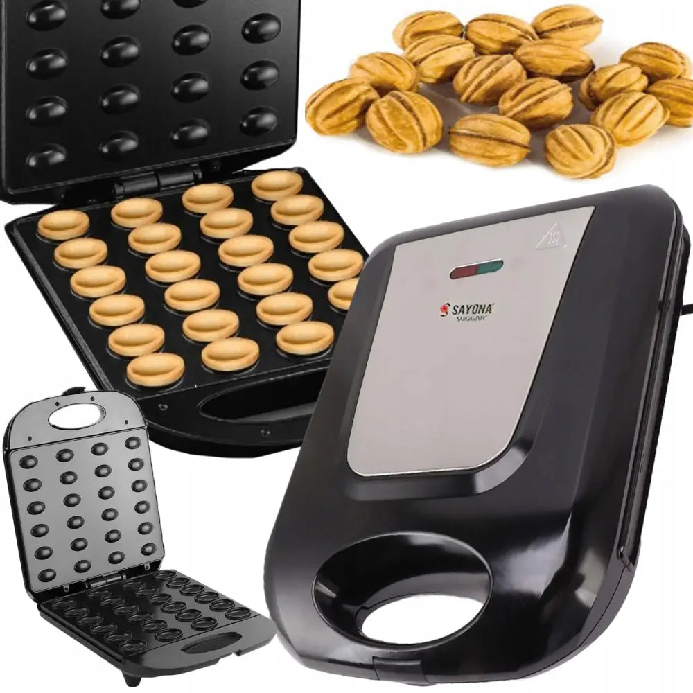 Elektrisk nøttekakejern med åpnet plate, ferdige nøttekjeks og rå former synlige, samt ferdigstekte kaker ved siden av.