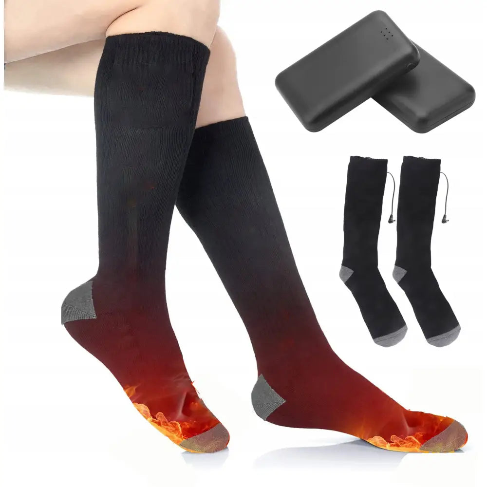 Elektrisk oppvarmede sokker med batteri, sorte knestrømper med grå detaljer og varmeeffekt rundt føttene.