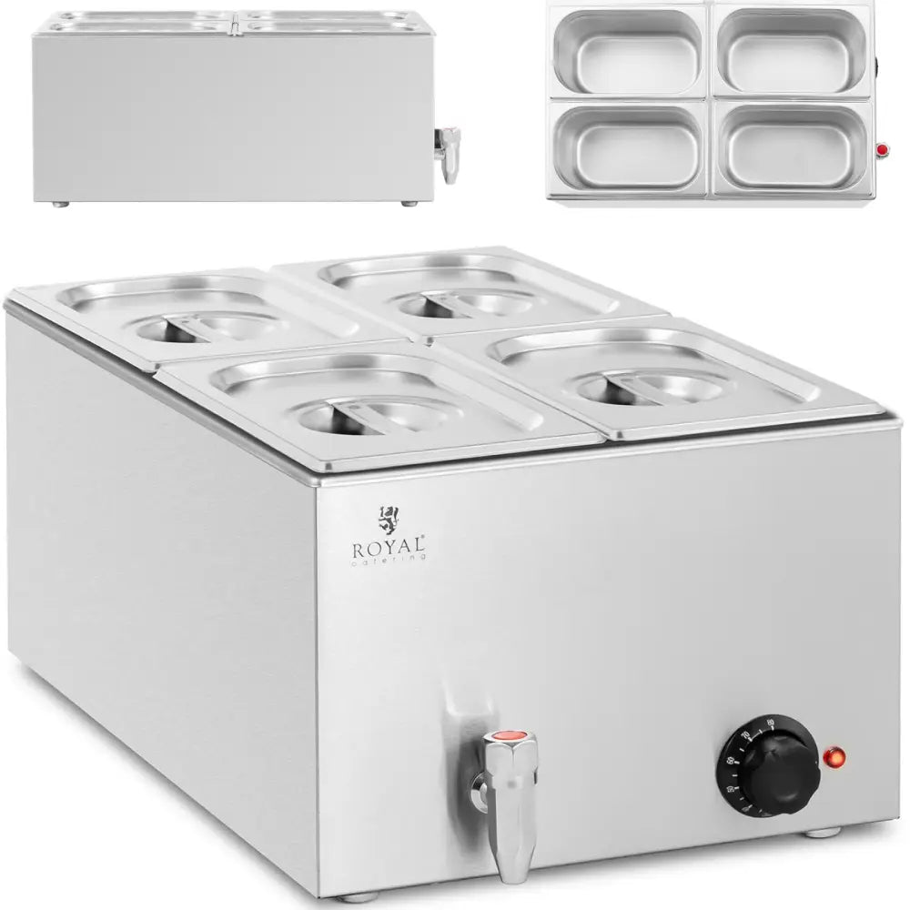 Elektrisk oppvarmingselement med kran, fire GN 1/4 beholdere, lokk og synlig kontrollbryter i fronten.