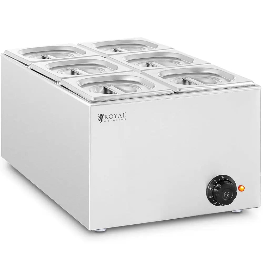 Elektrisk oppvarmingstreningsapparat med seks GN 1/6 beholdere, termostat og indikatorlys, skrå frontvisning.