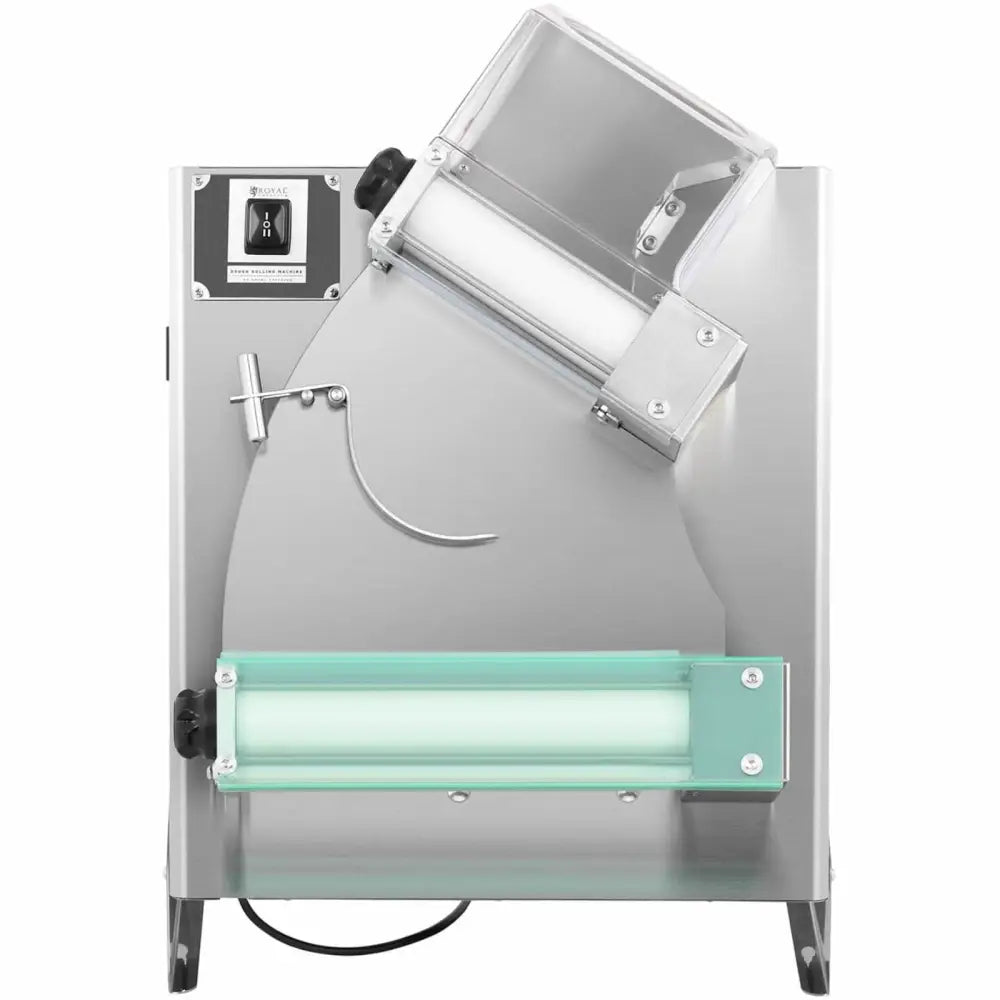 Elektrisk pizzadeig-kjevle, frontvisning med grønnruller, transparent matebrett og synlig av/på-bryter øverst.