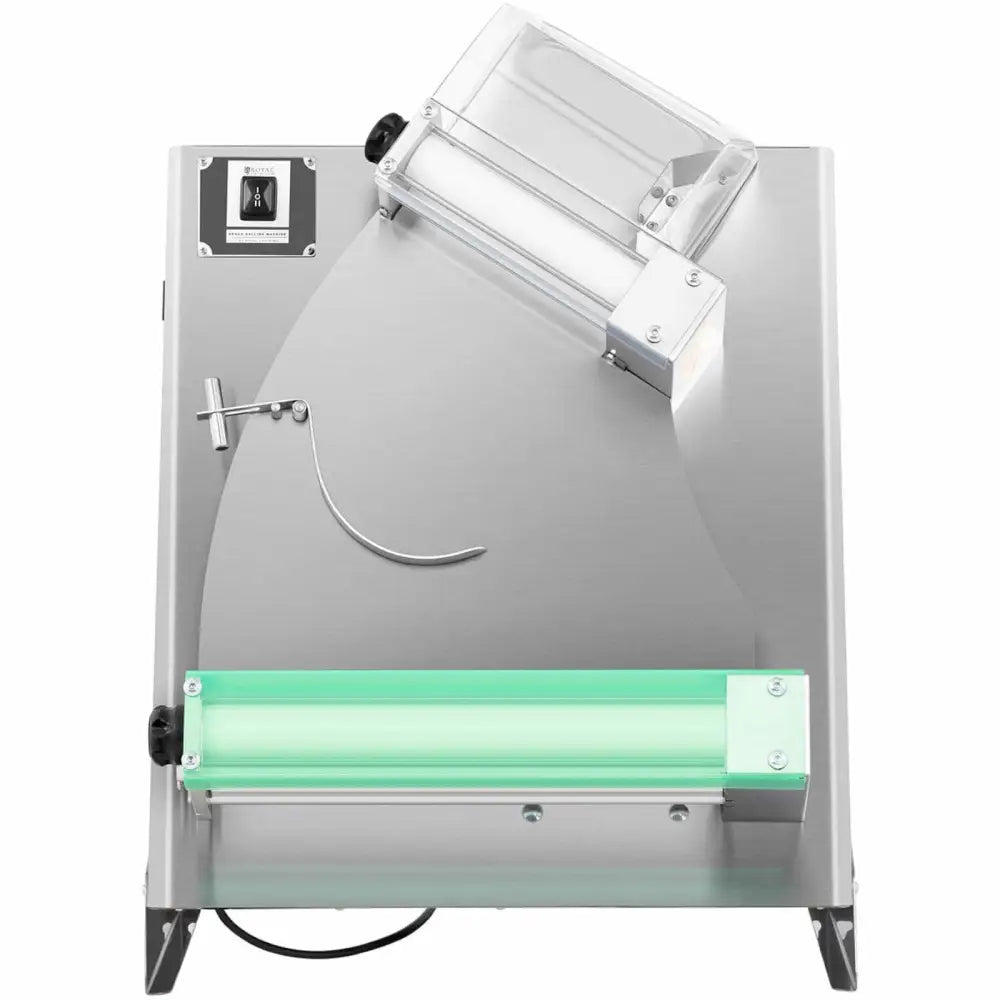 Elektrisk pizzadeigkjevemaskin, frontvisning med grønn rull, plastlokk og synlig av/på-bryter i stål.