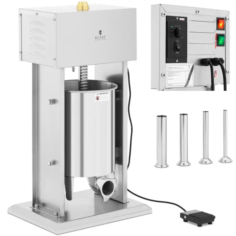 Elektrisk pølsefyller i rustfritt stål, skråvisning med fotpedal, kontrollpanel og fire ulike fyllerør.