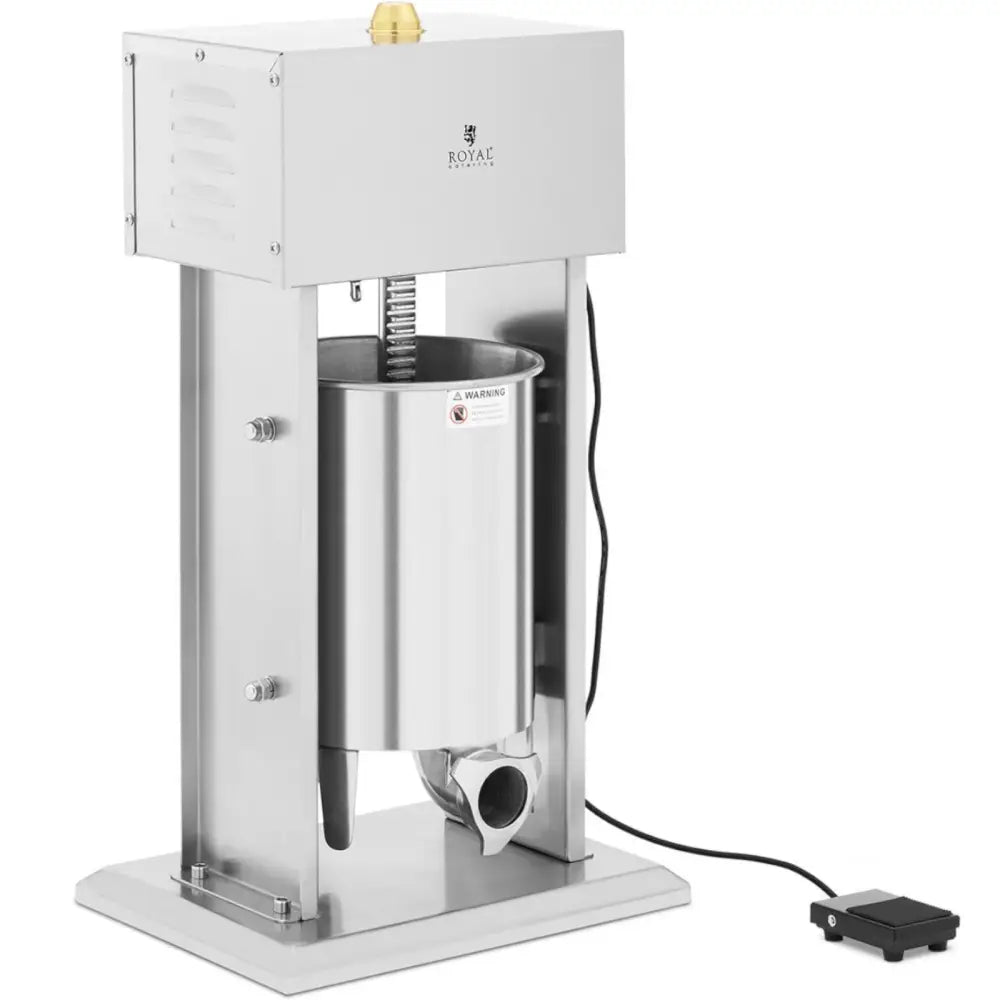 Elektrisk pølsefyller med sylinderformet stålbeholder, synlig sort fotpedal og ledning fra skrå vinkel.