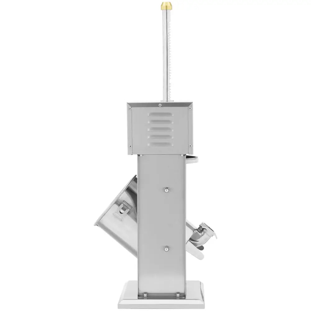 Elektrisk pølsefyller i matt metall, sidevisning med sylinderbeholder og messingfarget toppstang, 10 liters kapasitet.