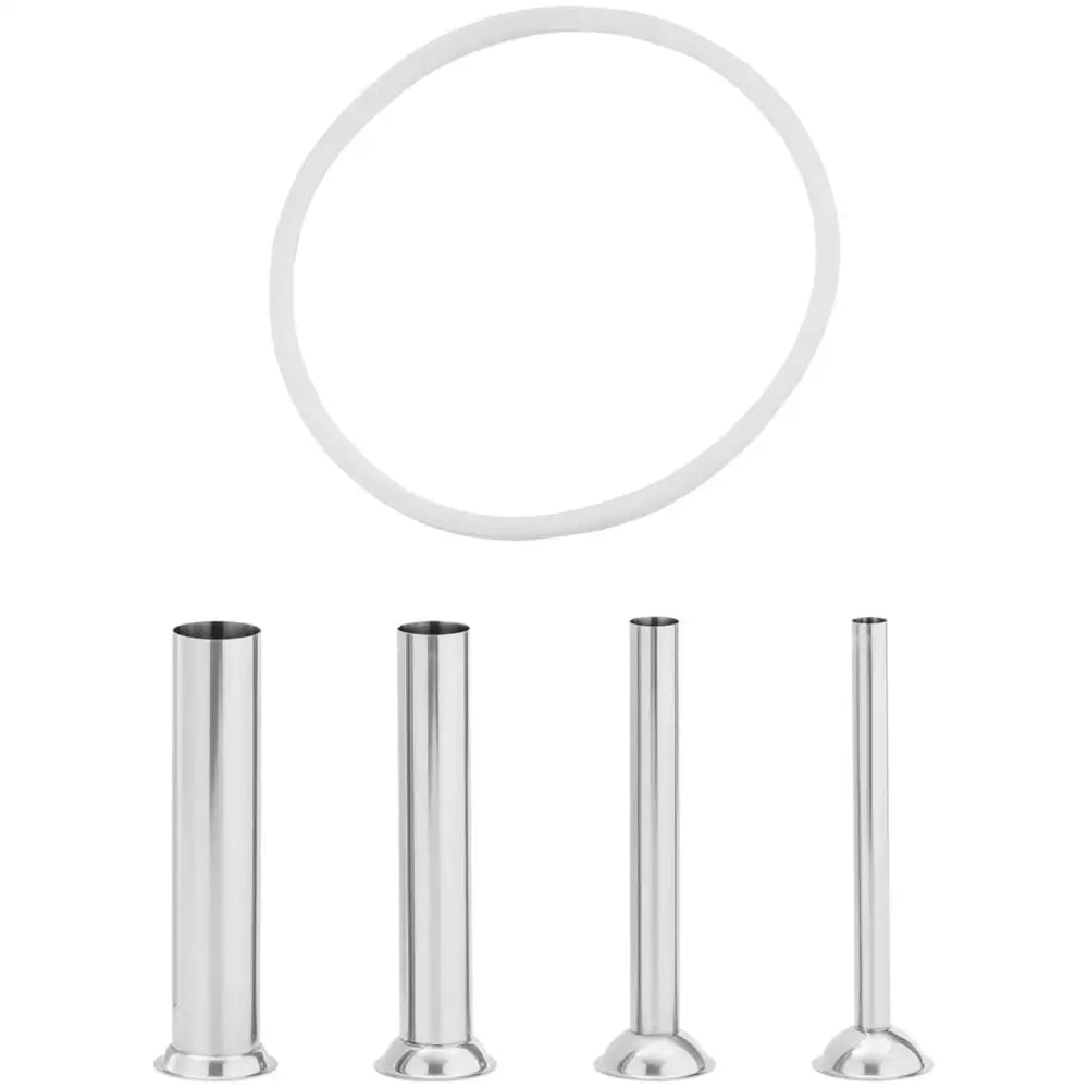 Elektrisk pølsefyller, fire sylindriske stålrør i ulike størrelser og hvit gummiring sett forfra.