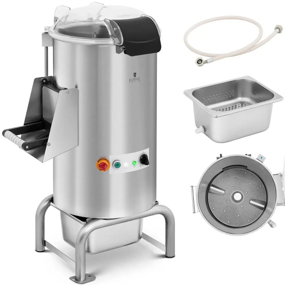 Elektrisk potetskreller 18 l med skrått synlig kontrollpanel, transparent lokk og tilbehør ved siden av.