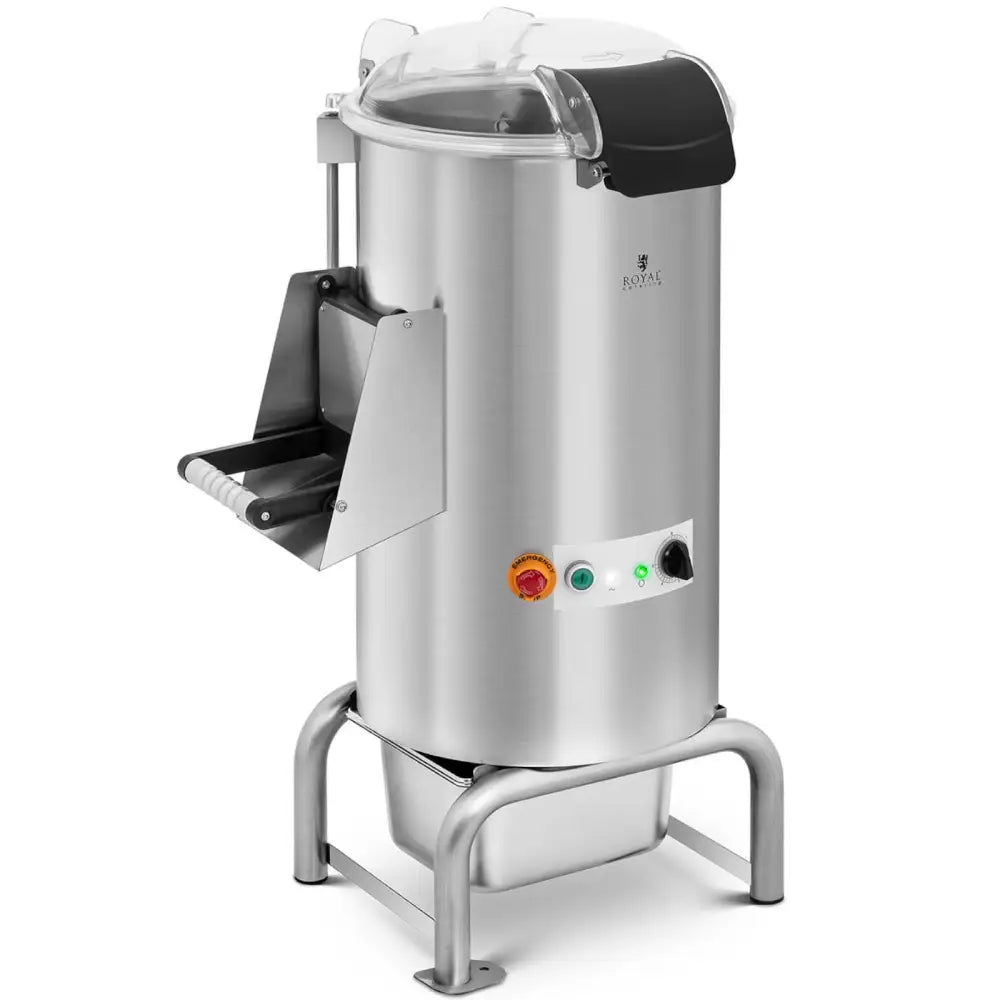 Elektrisk potetskreller 18 l med timer, skrå frontvisning som viser lokk, panel og utkastskuff med håndtak.