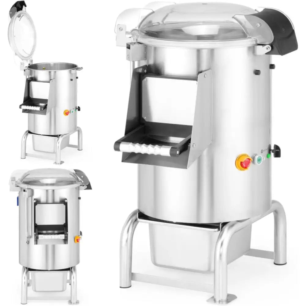 Elektrisk potetskreller i rustfritt stål med gjennomsiktig lokk, håndtak og synlig betjeningspanel foran.