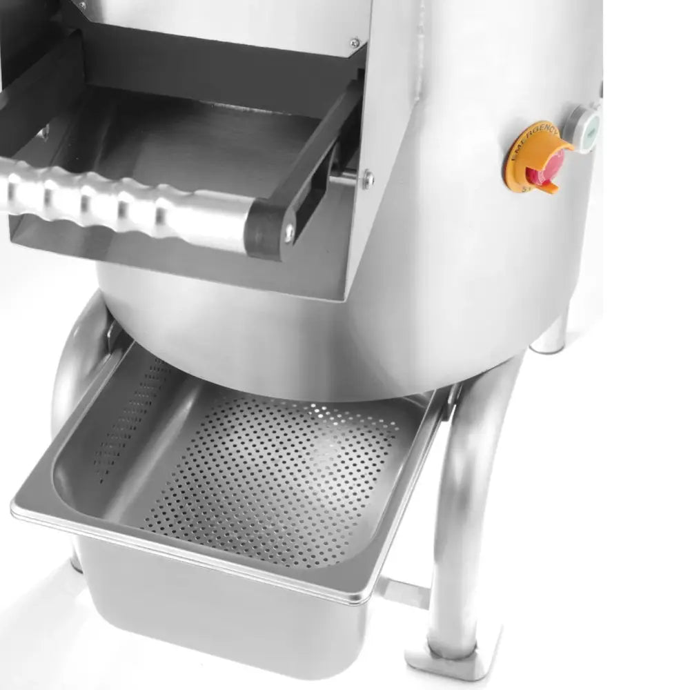 Elektrisk potetskreller i børstet stål, sidevisning med håndtak, perforert avrenningsbakke og nødstoppsknapp.