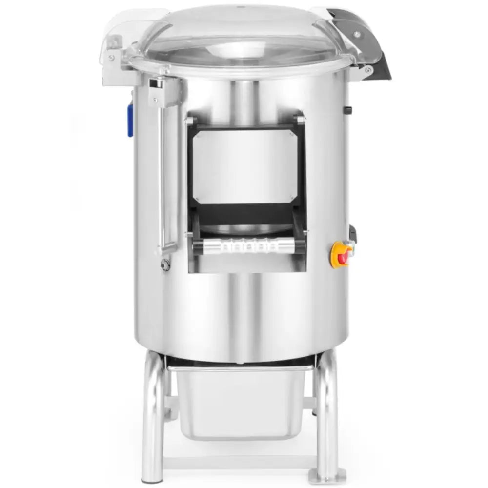 Elektrisk potetskreller i rustfritt stål, frontvisning med gjennomsiktig lokk, nødstoppsknapp og beholder.